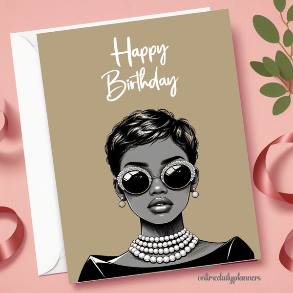 Printable Birthday Card for Black Women, Greeting Card Black Girl Happy Birthday Wish, Afro American Printable Greeting Card Customizable