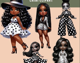 Black and White Curvy Chibi Woman Clipart Bundle (Hi-Res PNG)
