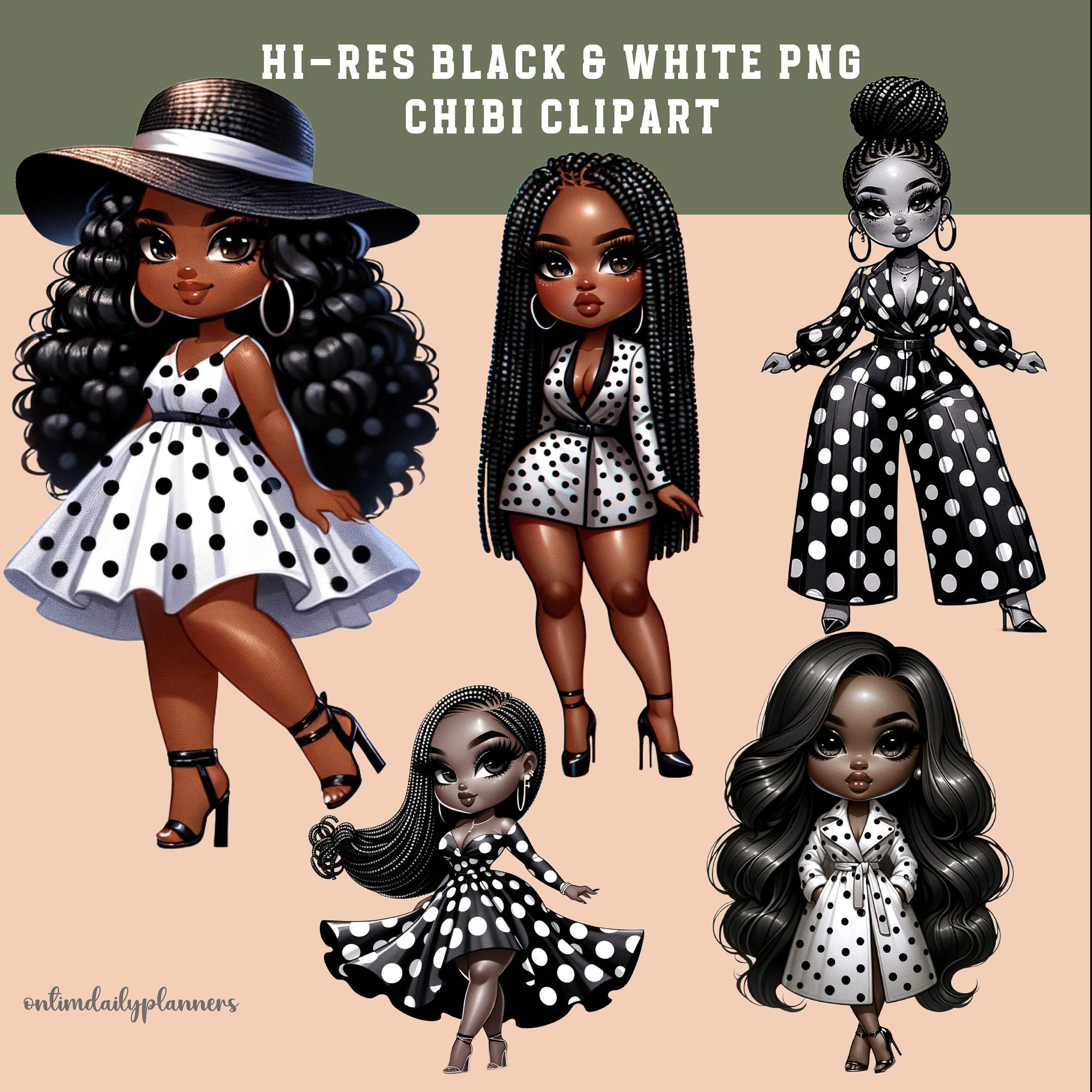 Curvy Chibi Woman Black and White Clipart Bundle – Hi-Res PNG Black Girl Art for POD & Crafts