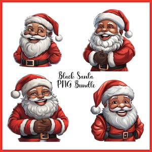 Puede incluir: Un paquete de arte digital con cuatro ilustraciones de Papá Noel negro. Cada Papá Noel se representa con una expresión alegre, vistiendo un traje rojo, un gorro y un cinturón negro. También se incluye el texto "Black Santa PNG Bundle".