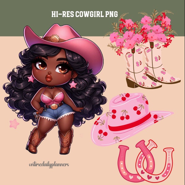Afro Cowgirl Chibi Bundle PNG, Chibi Doll African American Cowgirl, Western Clipart Cowgirl Boots, Coastal Cowgirl PNG Graphic Design