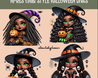 Chibi Halloween Clipart: Afro American Witch Girls PNG Bundle