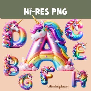 Balão de unicórnio do alfabeto, 26 letras florais, suprimentos para aniversário de meninas, clipart de quarto de bebê, impressão digital, conjunto de ilustrações, adesivos