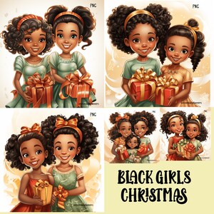 Schwarze Mädchen Weihnachten PNG Bundle, Kinder Geburtstag Dekor Mädchen Einladungen, Afro Schwarze Mädchen Kinder Wandkunst, Weihnachtscliparts PNG