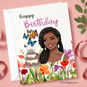 Printable Birthday Card with Butterflies and Cake, African American Woman Birthday Card, Happy Birthday Printable Greeting Card PNG