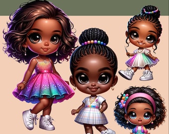Chibi Black Girls Clipart: Kids Birthday PNG Bundle