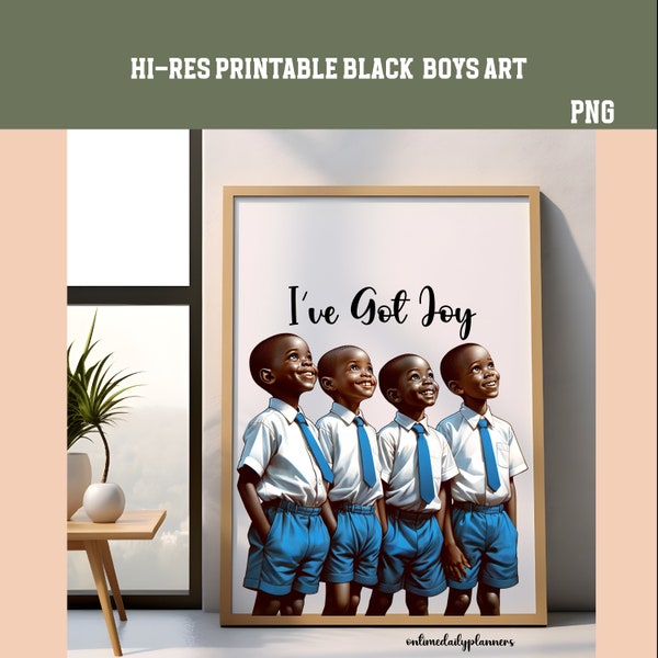 Printable Happy Kids Wall Art: African Boy Black Art Inspired Decor for Children's Rooms, Brown Kids PNG Design