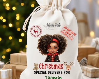 Black Girl Christmas Santa Sack PNG, Afro Girl Large Gift Bag Sublimation Design, Christmas Presents Toy Bag Digital Download PNG