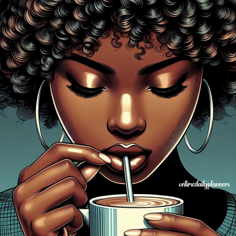 May include: A woman with dark brown curly hair is drinking from a white mug with a brown liquid inside. She is using a straw to drink the beverage. The mug has a blue and white striped design. The woman is wearing large hoop earrings.