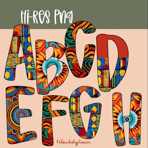 May include: Colorful alphabet letters A through H with intricate patterns in orange, blue, green, and red. The letters are outlined in black and have a textured appearance. The words "Hi-Res PNG" and "Ontimedailyplanners" are also visible.