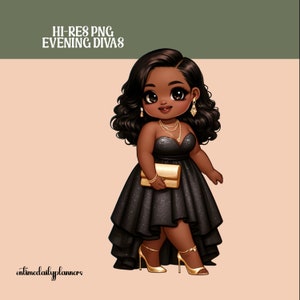 Chibi Evening Diva PNG: Curvy African American Woman (Digital Download)