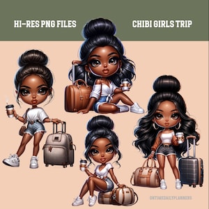 Girls Trip Travel Clipart, Chibi Style Girls Trip Clipart, African American Clipart, Bachelorette Girls Trip, Spring Break Afro Girl clipart