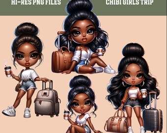 Chibi Girls Trip Clipart: African American PNG Bundle