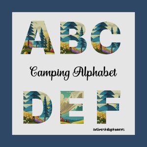 Camping Alfabeto Doodle Sublimación Senderismo Regalo Camping Equipo Retro Fuente, Pino Camping Clipart Bosque PNG