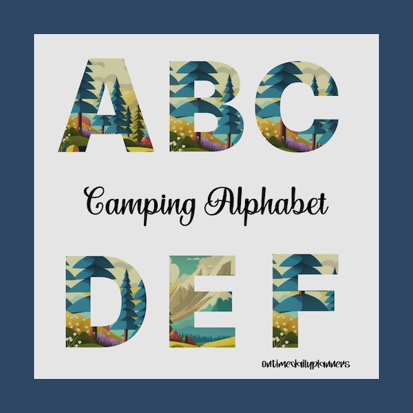 Camping Alphabet Doodle Sublimation Hiking Gift Camping Gear Retro Font, Pine Tree Camping Clipart Forest PNG