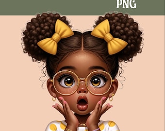 May include: A digital illustration of a young Black girl with brown curly hair in two buns, wearing yellow bows, round glasses, and a white polka dot shirt. She has a surprised expression on her face and her hands are raised to her cheeks.