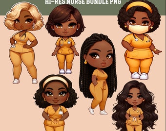 May include: Digital clipart set of six cartoon nurses with brown skin, wearing yellow scrubs and a stethoscope. Some nurses are wearing face masks. The nurses have different hairstyles and expressions.