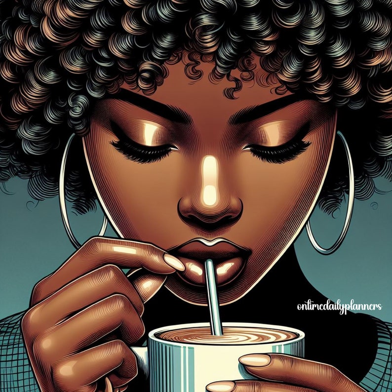 May include: A woman with dark brown curly hair is drinking from a white mug with a brown liquid inside. She is using a straw to drink the beverage. The mug has a blue and white striped design. The woman is wearing large hoop earrings.