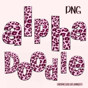Pacote de alfabeto de rabiscos de estampa de leopardo PNG, alfabeto de estampa de leopardo rosa, clipart de letra de rabisco alfa, clipart de estampa de leopardo