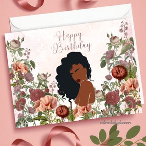 Cartão de aniversário para impressão floral afro-americano, cartão de aniversário para mulher afro-americana, cartão para impressão de feliz aniversário, impressão em casa e escritório