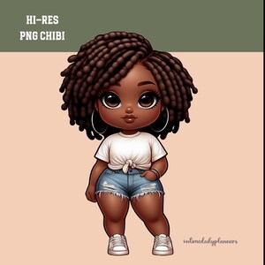 May include: A digital illustration of a Black girl with brown eyes, wearing a white t-shirt with a knot, denim shorts, and white sneakers. She has long, dark brown locs and is standing with her hands on her hips.
