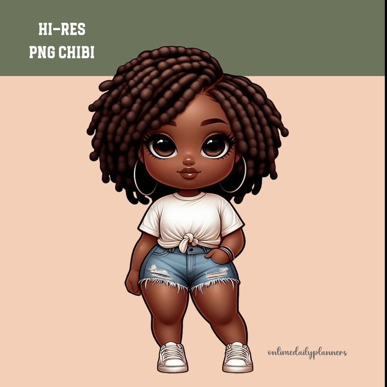 May include: A digital illustration of a Black girl with brown eyes, wearing a white t-shirt with a knot, denim shorts, and white sneakers. She has long, dark brown locs and is standing with her hands on her hips.