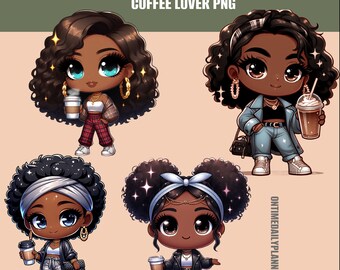 Chibi Boss Babe Clipart: African American Coffee Lover PNG (Digital Download)