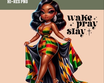 Christian Woman Chibi Clipart: Kente Dress, Afro Woman PNG