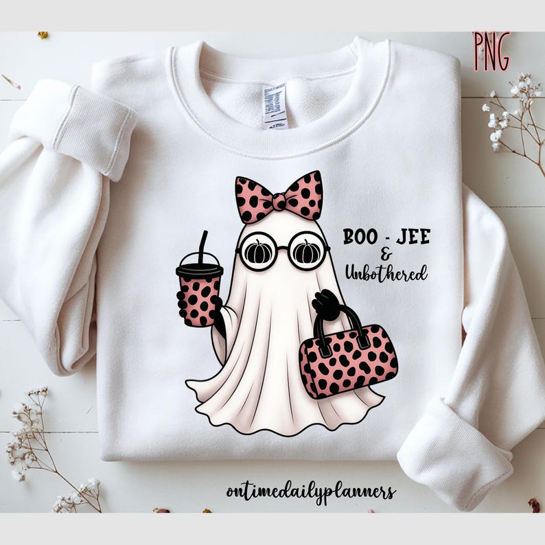 May include: White sweatshirt featuring a cartoon ghost with a pink bow, glasses, and a purse, holding a coffee cup. The text "BOO - JEE & Unbothered" is printed on the shirt. The words "ontimedailyplanners" are printed at the bottom.