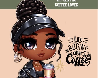 Chibi Black Woman Coffee Lover PNG: Sublimation Design (Digital Download)