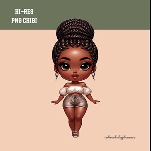 May include: A digital illustration of a Black woman with brown skin, wearing a white crop top and denim shorts. She has a high bun with braided hair. The background is a light peach color.