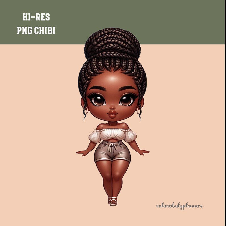 May include: A digital illustration of a Black woman with brown skin, wearing a white crop top and denim shorts. She has a high bun with braided hair. The background is a light peach color.