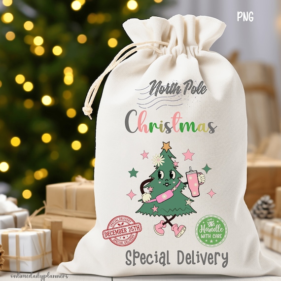 Retro Christmas Santa Sack PNG, Large Christmas Gift Bag