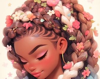 Retro Afro Girl Clipart: Floral Braids, Black Women Art (Digital Design)