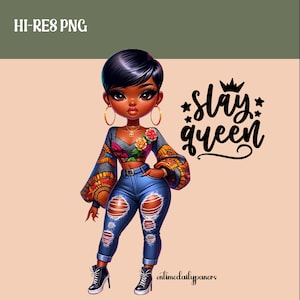 Black Girl Clipart, Cita motivacional Chibi-Style Black Girl Slay Queen Arte digital, Planificador de arte de pared, Diseño PNG de imágenes prediseñadas afroamericanas