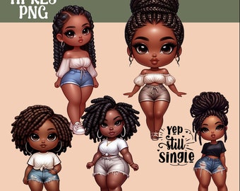 Curvy Chibi Style Black Girl Clipart Bundle, African American POD Clipart Digital Download PNG, Digital Planner Design PNG, Black Girls