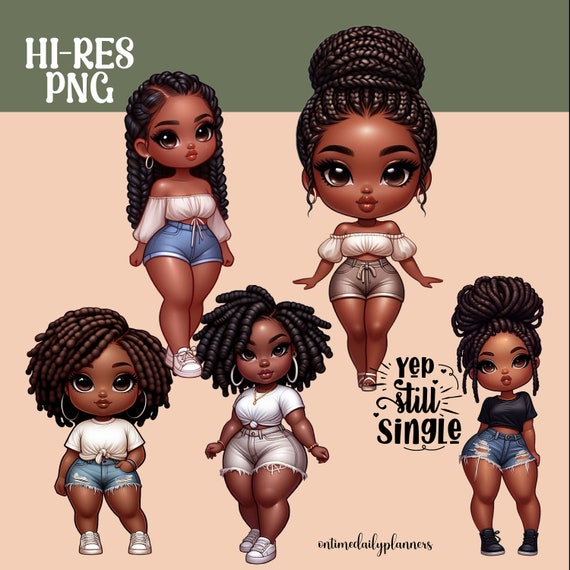 Curvy Chibi Black Girl Clipart Bundle: Digital Planner Design (PNG Digital Download)
