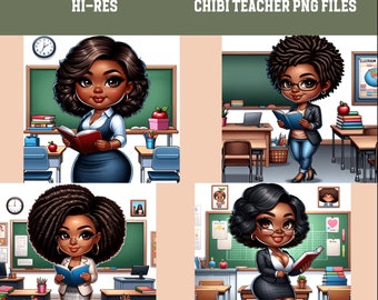 Teacher Chibi Clipart PNG Bundle, School Clipart African American Classroom Education Printable Design