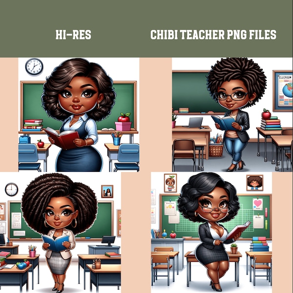 Teacher Chibi Clipart PNG Bundle, School Clipart African American Classroom Education Printable Design