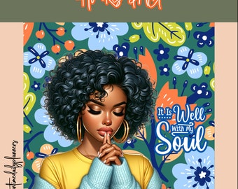 Praying African American Woman Floral PNG: Christian Faith Design (Digital Download)