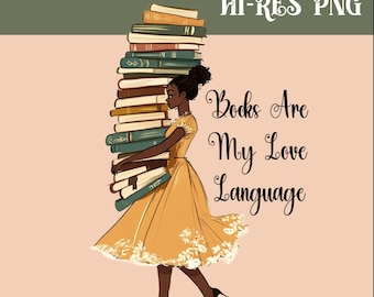 Imagen prediseñada de una mujer negra leyendo: Amante de los libros PNG (Descarga digital)
