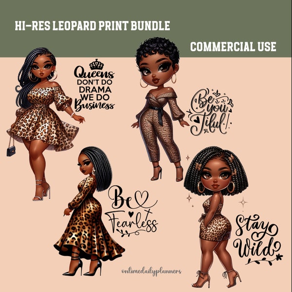 Leopard Print Chibi Afro American Clipart Bundle 4 PNG Bundle Moda Black Girl Arte Digital Goodnotes Pegatinas