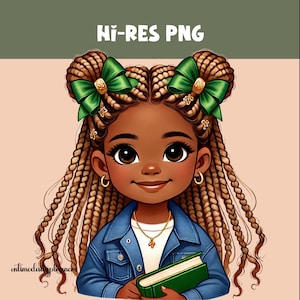 クールな子供たちが本を読む、アフリカ系アメリカ人の子供たちのクリップアート、かわいい黒人の女の子の本好き、読書好きのためのアフロガールのデジタルステッカー PNG デザイン