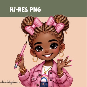 かわいいアフリカ系アメリカ人の女の子のクリップアート、小さな黒人の女の子のPNG、新学期の黒人の子供たち、本好きの子供の誕生日の飾り、