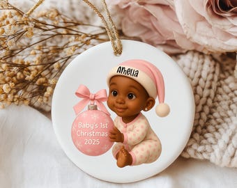 Eerste kerstmis voor baby 2025 keramisch ornament | Gepersonaliseerd Afrikaans-Amerikaans ornament babymeisje