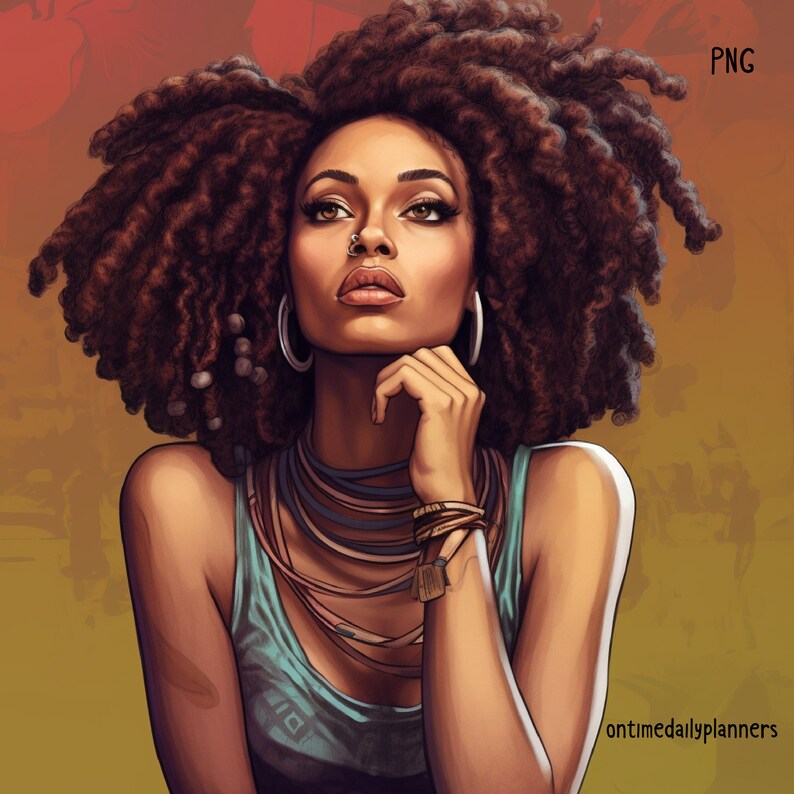 May include: A portrait of a woman with dark brown skin, wearing a turquoise tank top and multiple necklaces. She has long, dark brown curly hair and is wearing hoop earrings and a nose ring. She is looking up and has her hand on her chin.