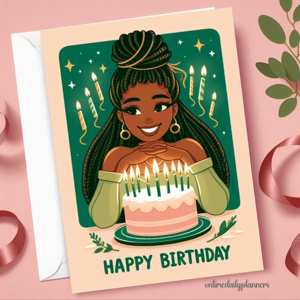 Printable Birthday Card for Black Women, Greeting Card Black Girl Happy Birthday Wish, Afro American Printable Greeting Card Customizable