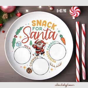 May include: White ceramic plate with a festive "Snack for Santa" design. Features illustrations of Santa Claus, milk, cookies, carrots, and reindeer. Includes three circular sections for treats.