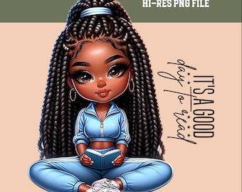 Women Empowerment Chibi Style Book Lover PNG Black Woman PNG Sublimation Design Download, Afro Woman Clipart, Created with a Purpose