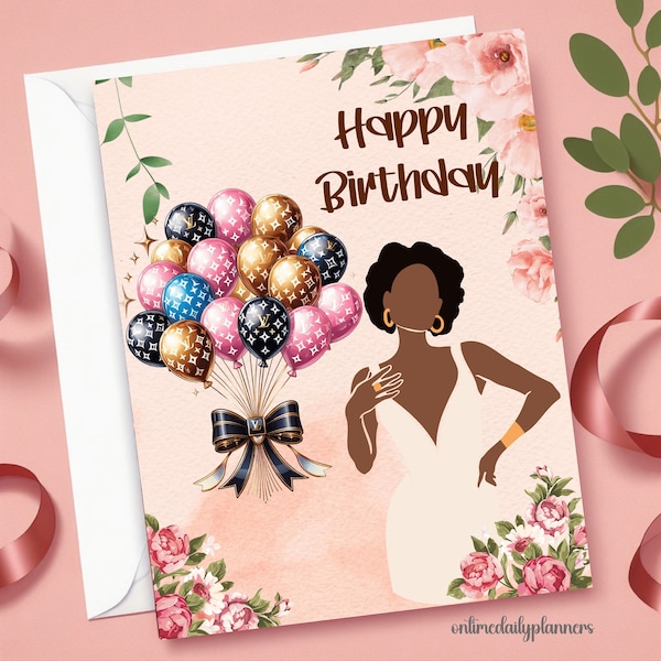 Printable Birthday Card with Balloons, African American Woman Birthday Card, Happy Birthday Printable Greeting Card, Print at Home Office